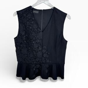 Carlisle blouse women's 8 floral applique mesh overlay peplum V neck tank black